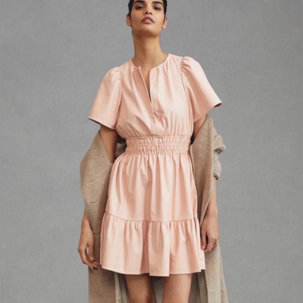 Anthropologie The Somerset Blush Pink Mini Faux Leather Dress Sz XS
